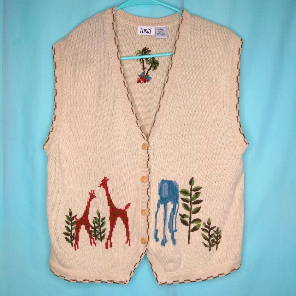 Vintage Grannycore figural sweater giraffe elephant palm trees Luchia